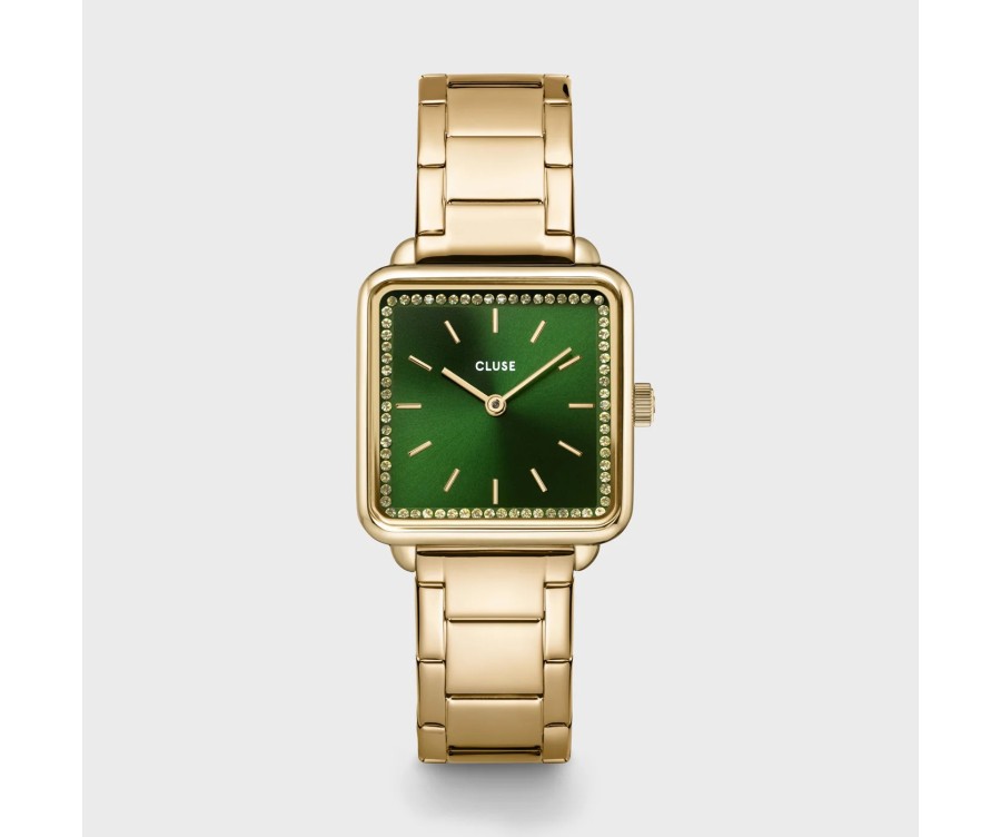 Cluse La Tétragone – Élégance Carrée en Acier Doré avec Cadran Vert et Pierres Cluse La Tétragone – Élégance Carrée en Acier Doré avec Cadran Vert et Pierres