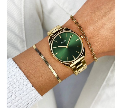 Cluse FĂ©roce Petite â Acier DorĂ© et Cadran Vert